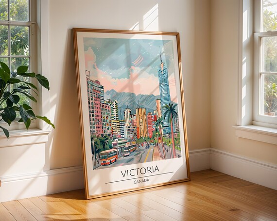 Victoria Canada City Skyline Mountains Modern Illustrated Poster