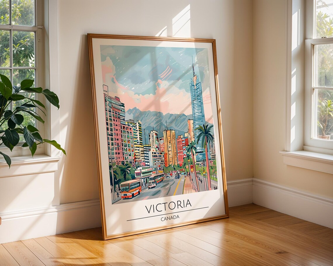 Victoria Canada City Skyline Mountains Modern Illustrated Poster