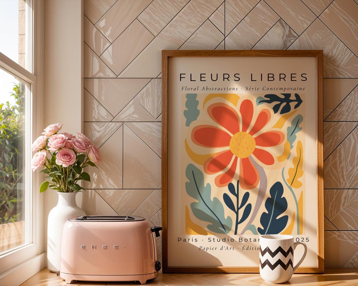 Fleurs Libres Coral Daisy Abstract Botanical Paris Art Print