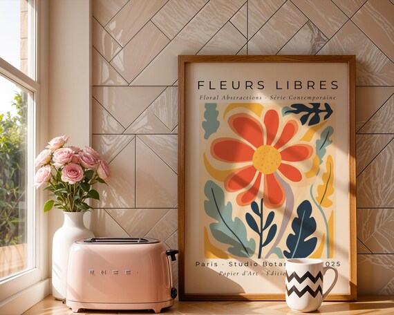 Bold Coral Daisy Wall Art Abstract Modern Floral Poster In Blue And Yellow Accents Kitchen Bedroom Gift For Her Home Office