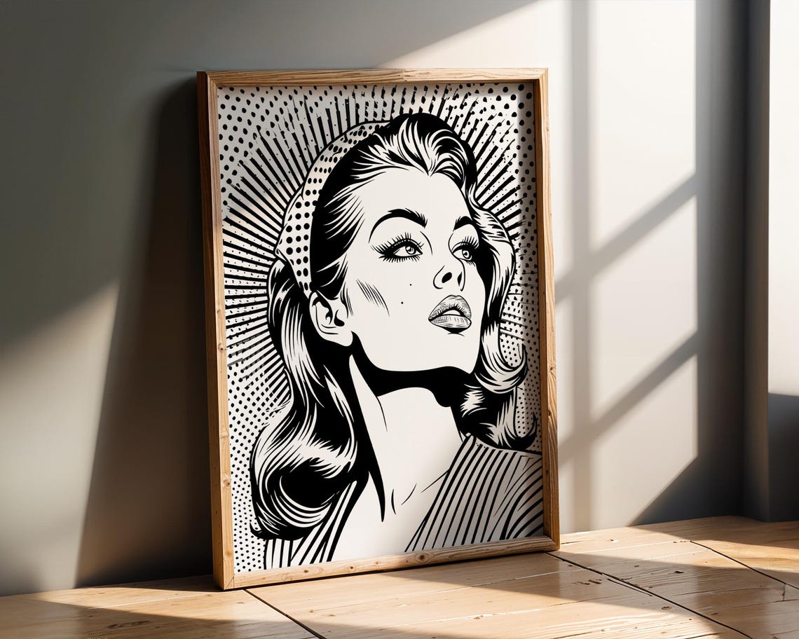 Retro Pop Art Woman Comic Halftone Black White Glam Art Poster