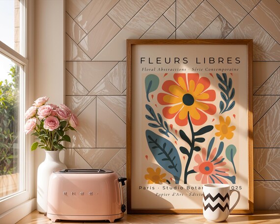 Modern Retro Flower Wall Art Print Abstract Yellow And Coral Botanical Poster With Bold Navy Leaves Kitchen Bedroom Gift