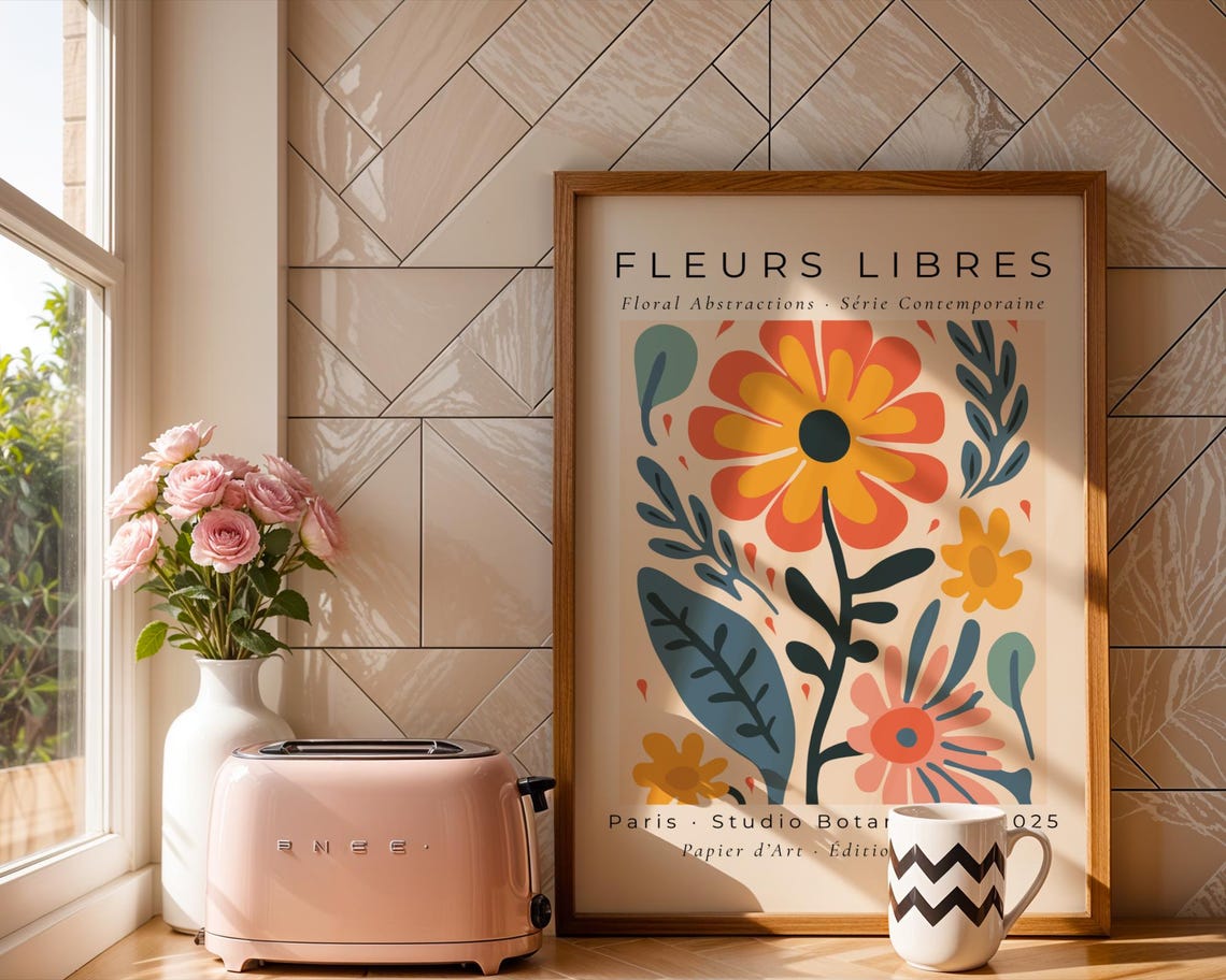Fleurs Libres Retro Orange Daisy Navy Leaves Abstract Floral Art Print