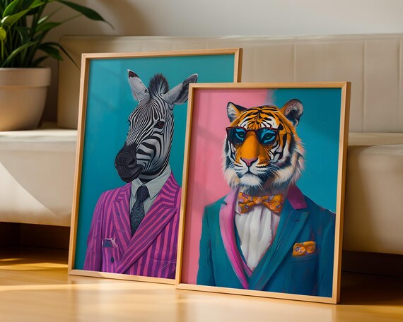 Zebra And Tiger Dressed In Suits Set Of 2 Cool Animal Portrait Wall Art For Summer Decor Office Lounge Or Teen Room Gallery