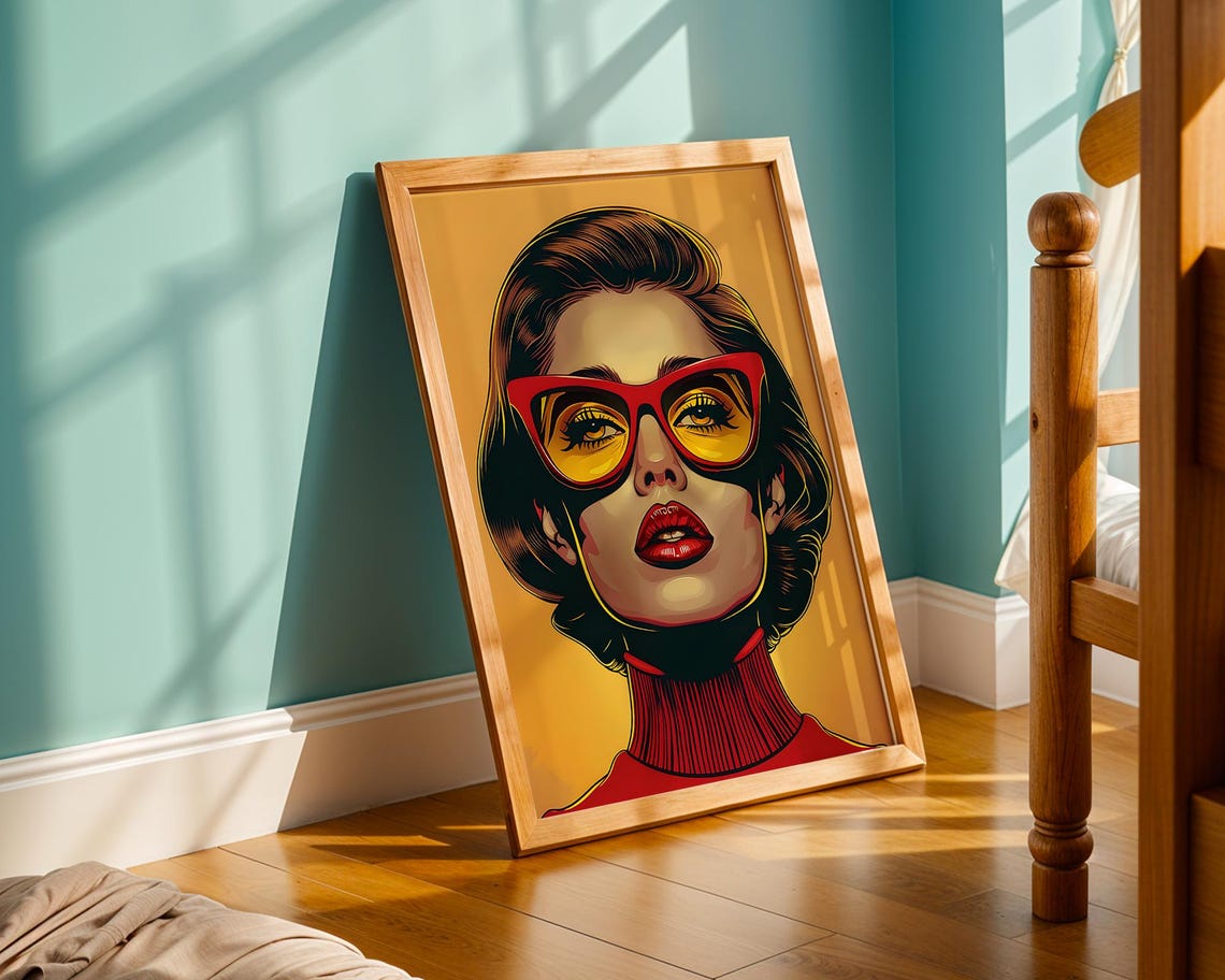 Retro Pop Art Woman In Red Sunglasses Poster Mustard Gold Vintage