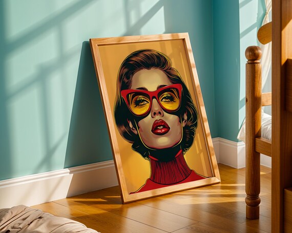 Retro Pop Art Woman Portrait Print Bold Red Glasses Vintage Style Wall Midcentury Modern Fashion Illustration Home Decor