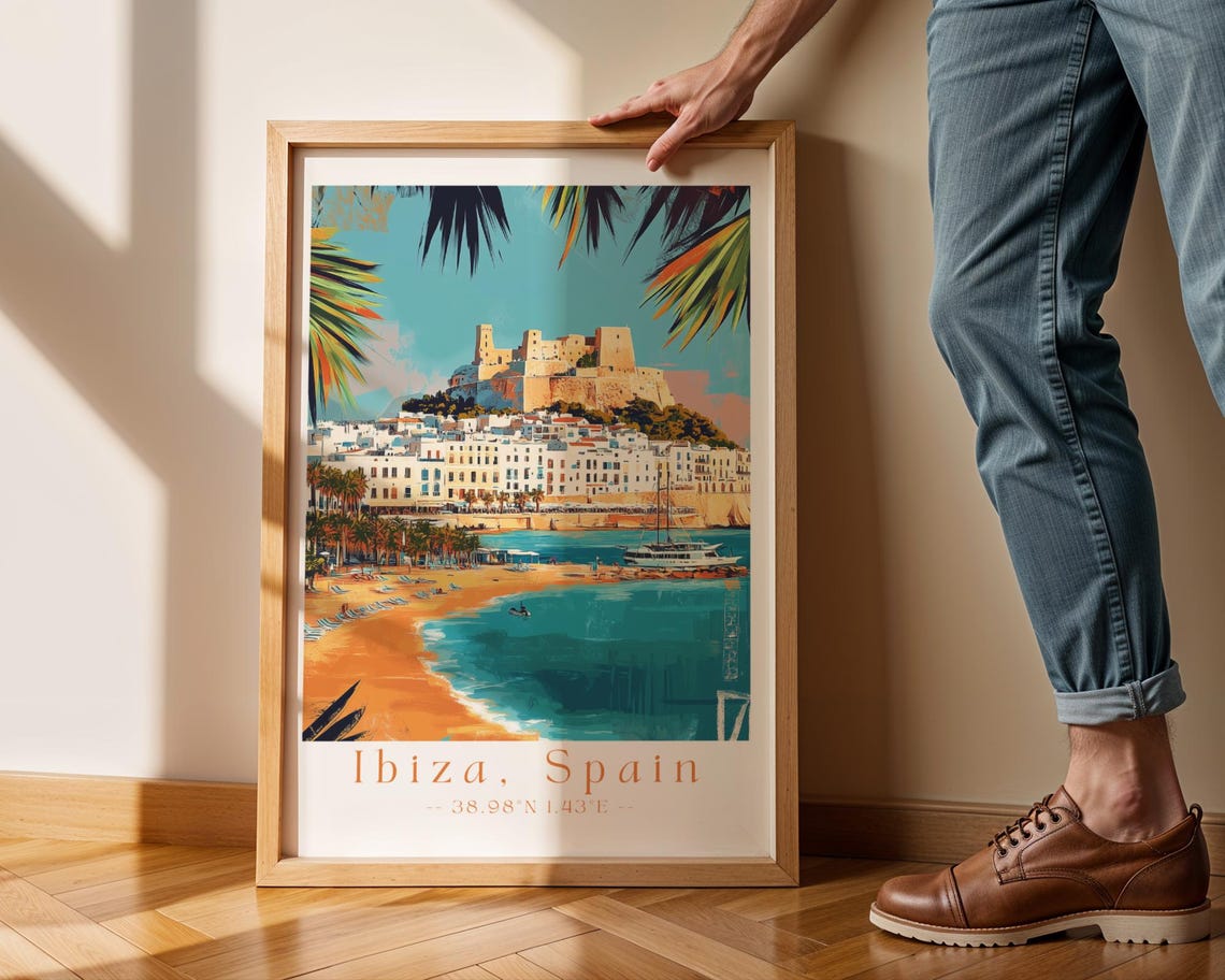 Ibiza Spain Dalt Vila Old Town Castle Beach Vintage Travel Poster