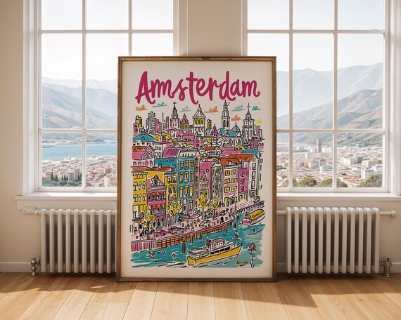Amsterdam Colorful Canal Houses Hand Drawn Poster Netherlands Travel