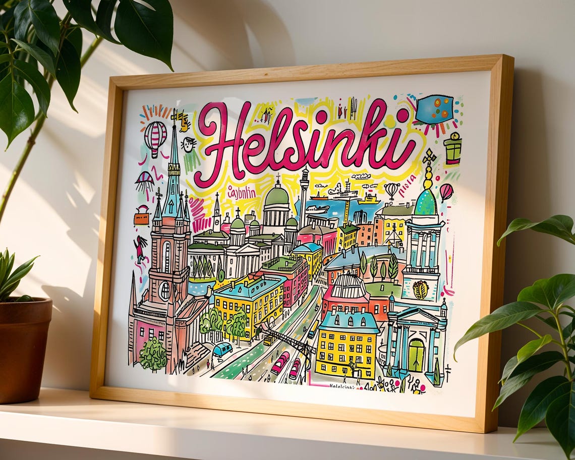 Helsinki Finland Colourful Illustrated Cathedral Cityscape Poster