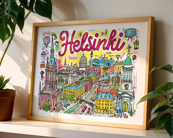 Helsinki Finland Colourful Illustrated Cathedral Cityscape Poster