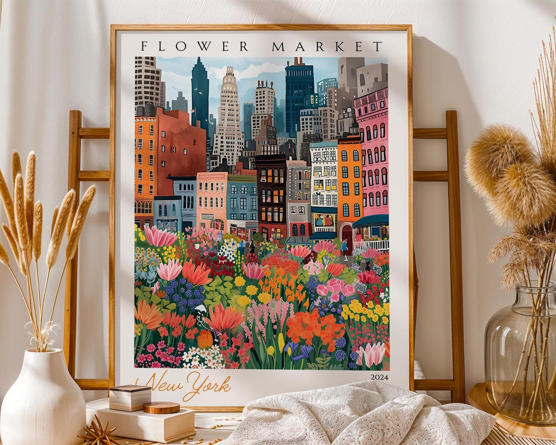 New York Flower Market 2024 Manhattan Skyline Floral Travel Poster