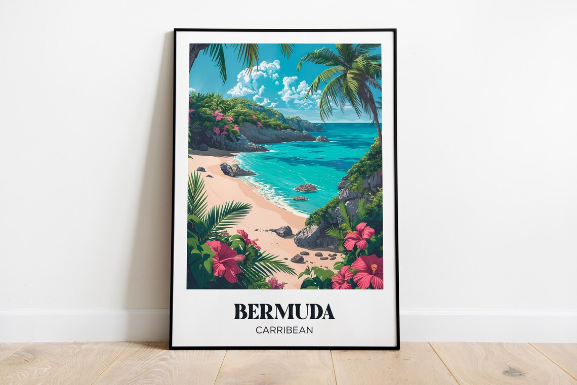 Bermuda Caribbean Pink Flower Cove Beach Retro Travel Poster