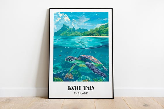 Koh Tao Turtle Travel Poster, Thailand Illustrated Print
