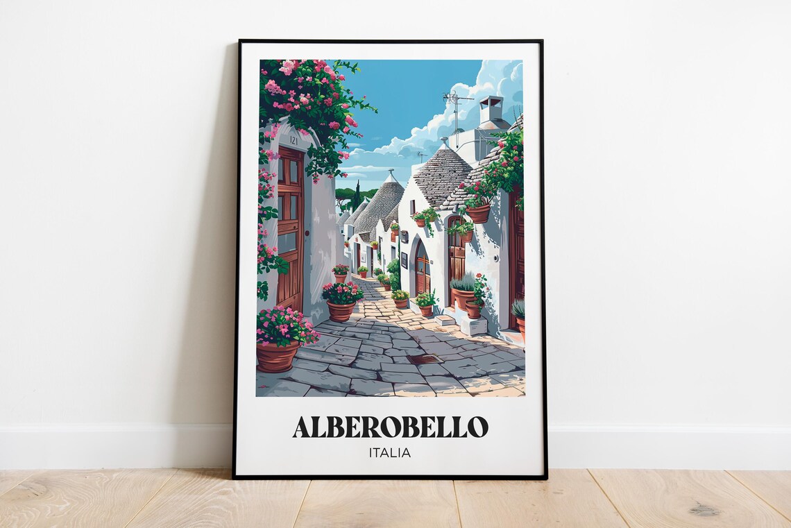 Alberobello Italia Trulli Stone Huts Flower Street Travel Poster