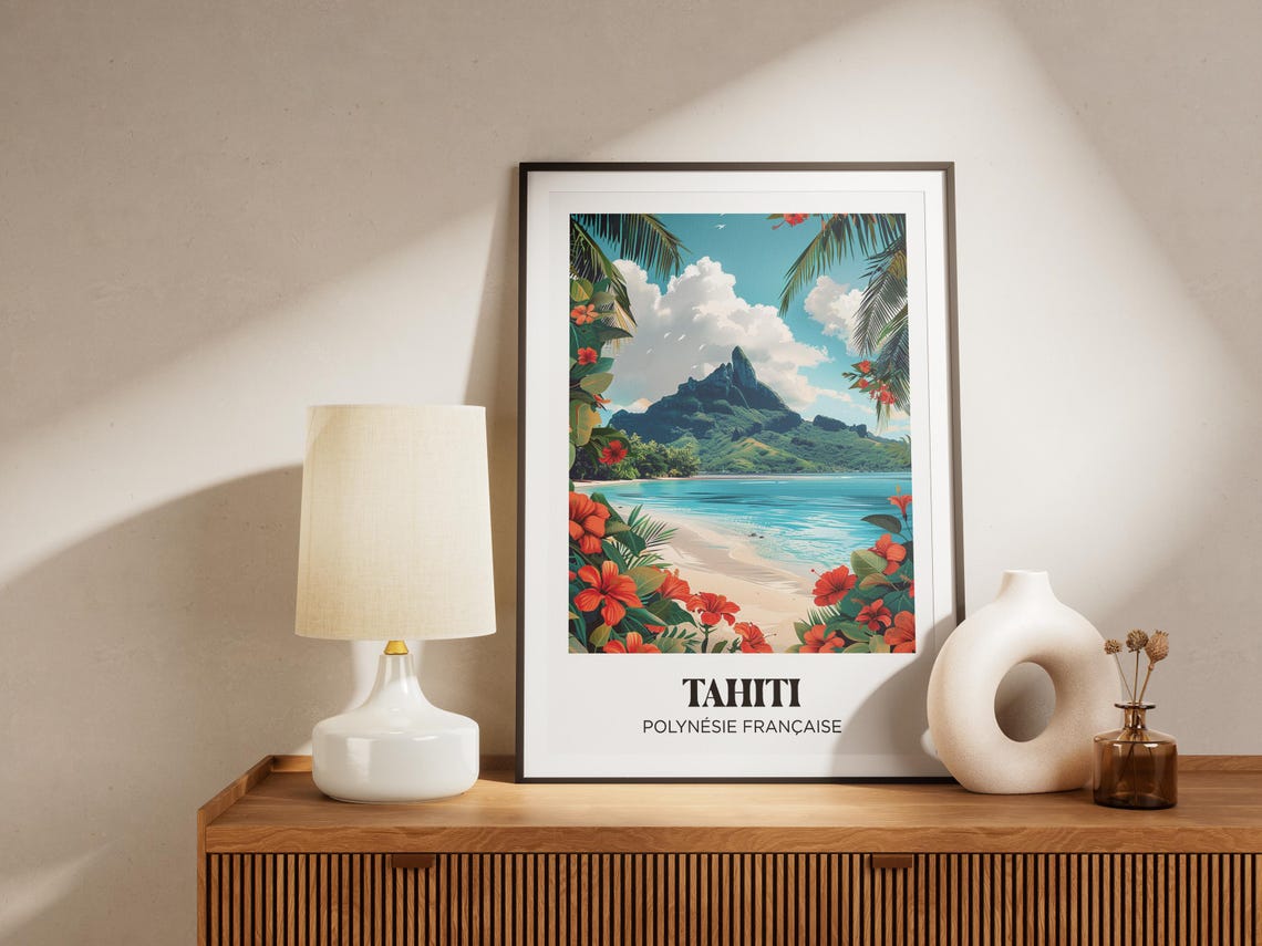 Tahiti Travel Poster Tahiti Illustration Polynesia Travel Poster Tahiti Print Tahiti Travel Gift Tropical Decor - Image 4