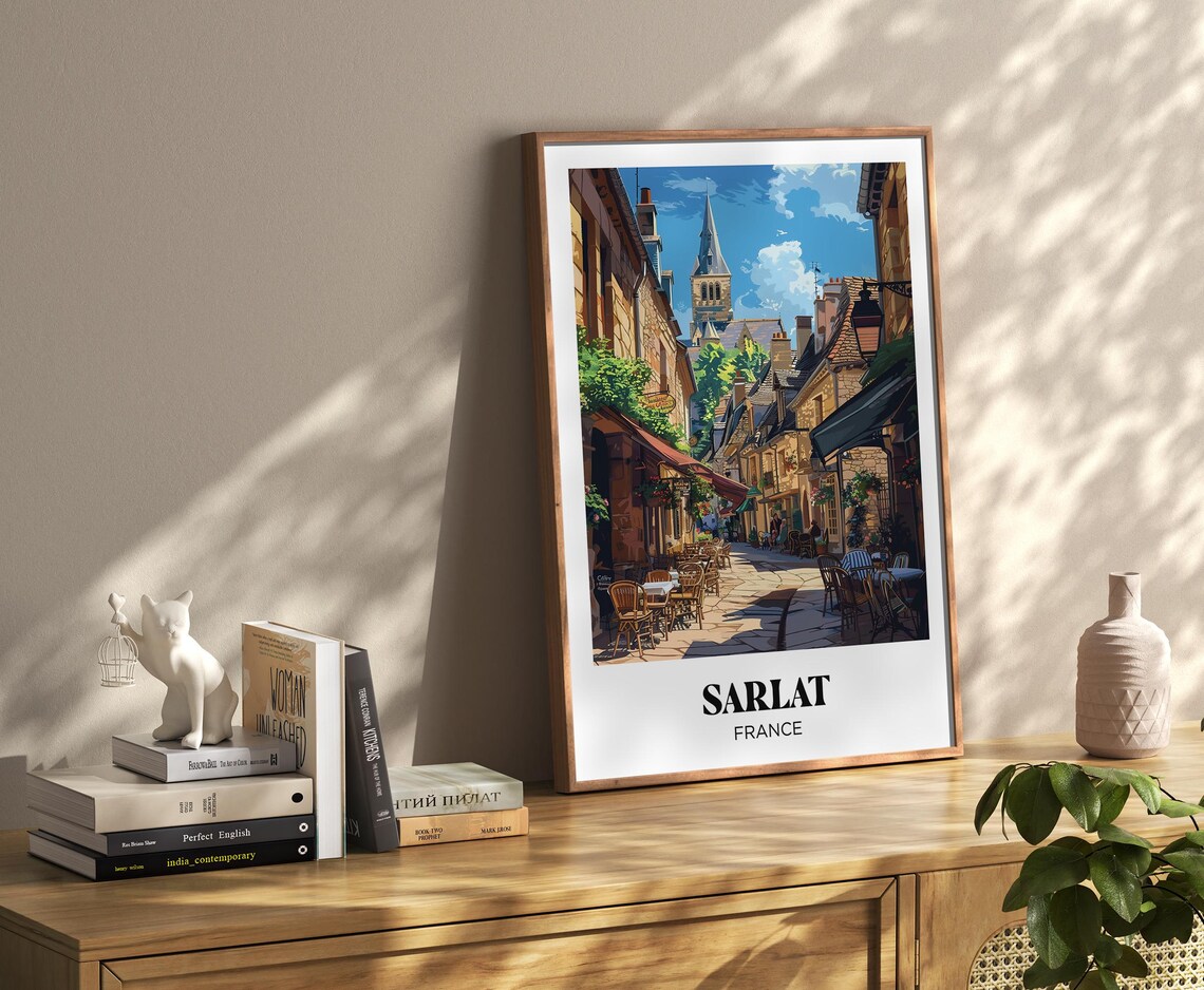 Sarlat France Medieval Street Cafes and Church Spire Travel Poster - Image 3