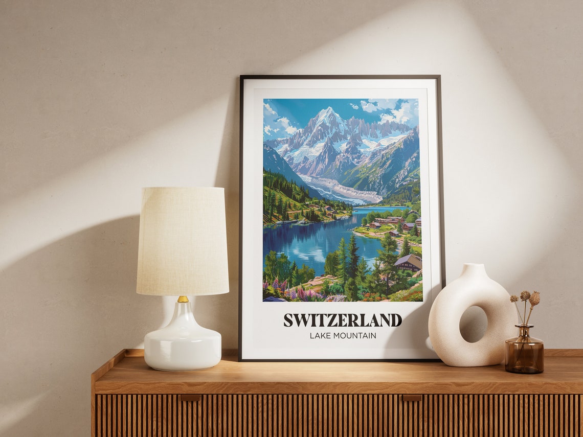 Switzerland Travel Poster Lake Switzerland Travel Poster Switzerland Travel Illustration Vintage Retro Travel Poster Travel Gift Switzerland Frame - Image 3