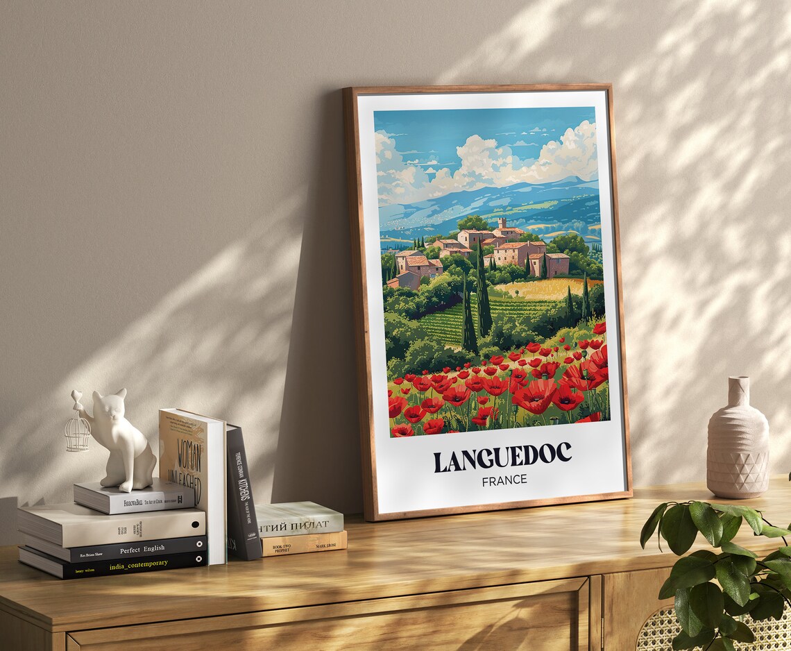 Languedoc France Red Poppy Fields Hilltop Village Travel Poster - Image 4