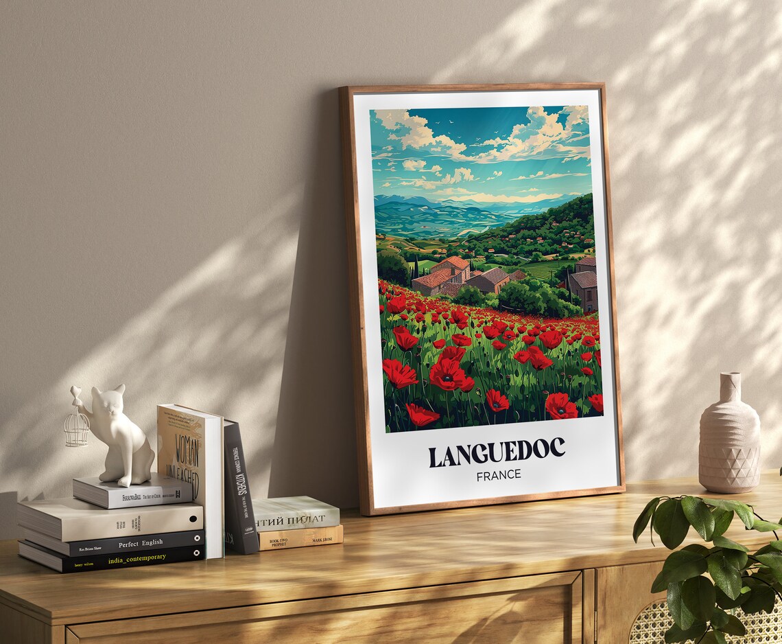 Languedoc France Red Poppy Field Farmhouse Vintage Travel Poster - Image 4