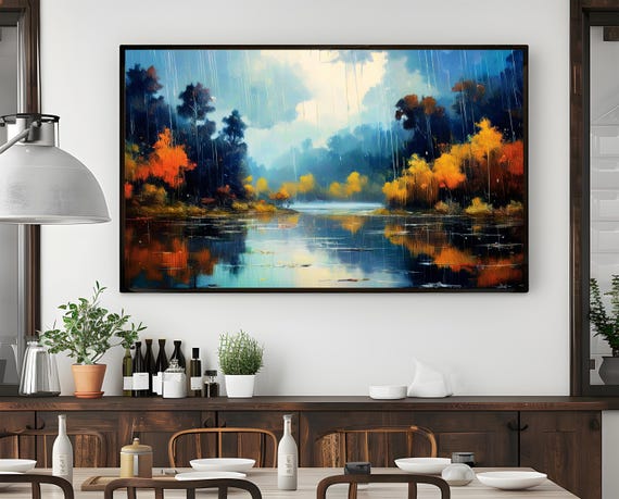 Autumn Rain Lake Landscape Large Panoramic Art Serene Nature Wall Art Horizontal Fall Forest Scene Tranquil Home Decor