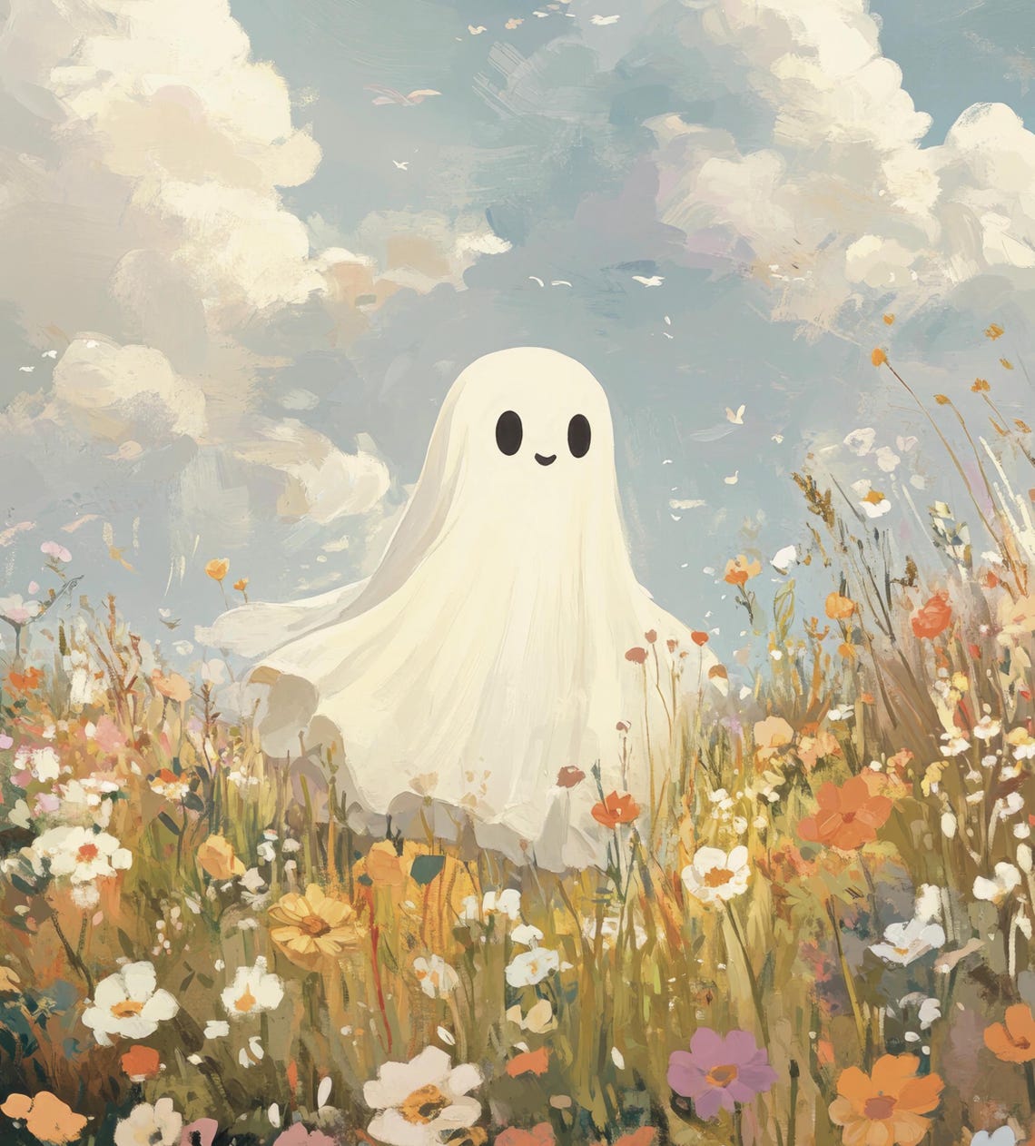 Smiling Ghost in Wildflower Meadow Bright Painting Wall Poster - Image 6