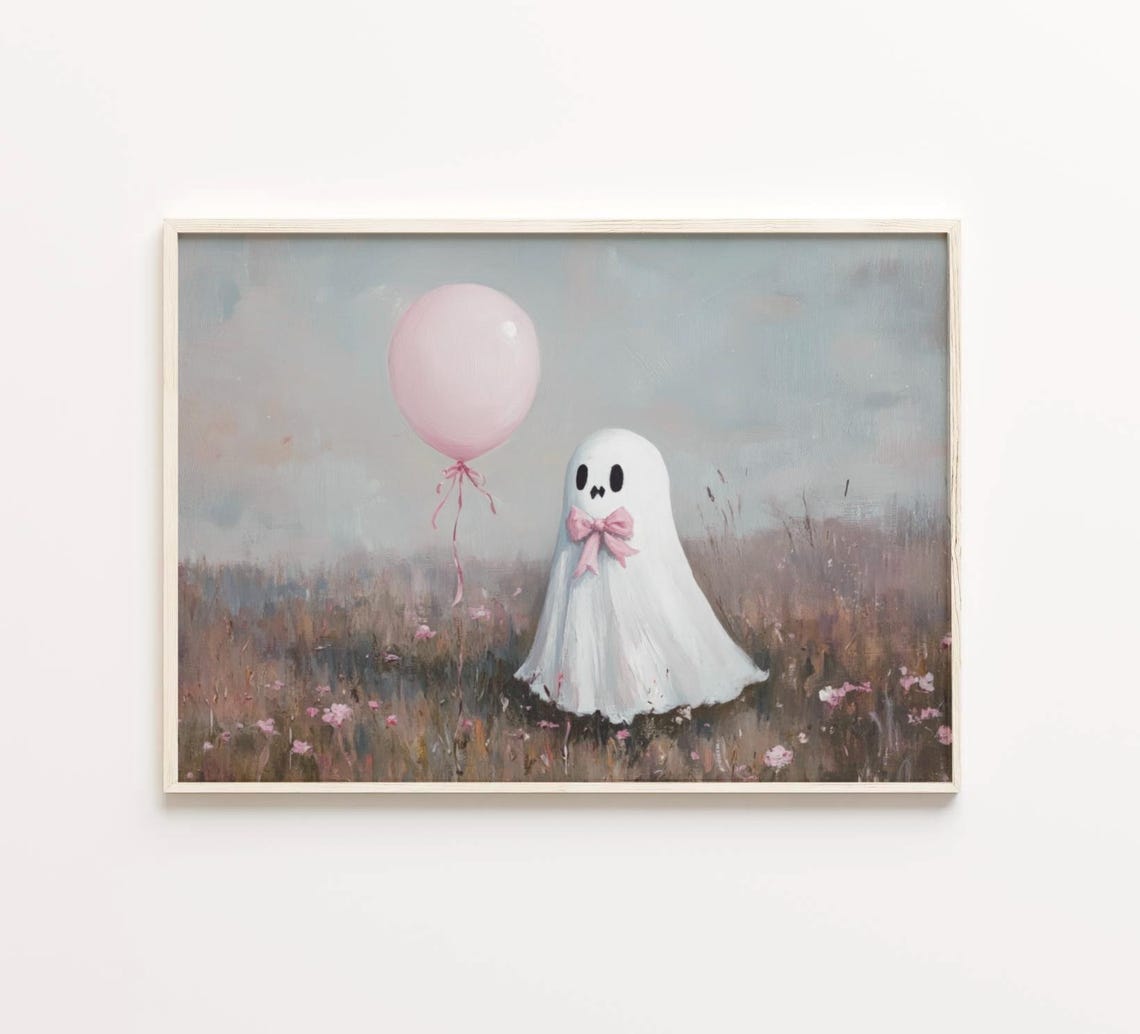 Cute Ghost With Pink Bow Holding A Balloon In A Meadow Poster - Image 4