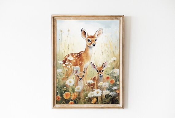 Deer Family Meadow Fawns Wildflowers Vintage Nursery Room Poster