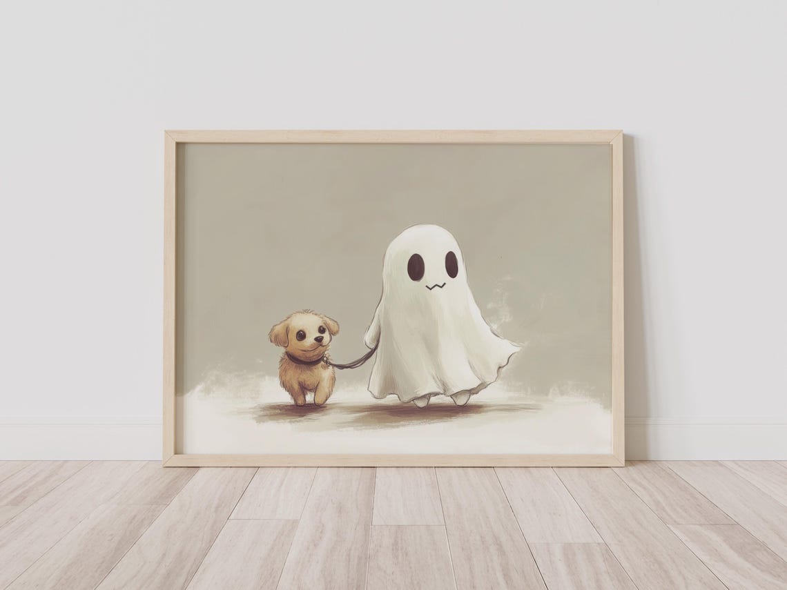 Cute Ghost Walking A Fluffy Puppy Dog On A Leash Halloween Poster - Image 2