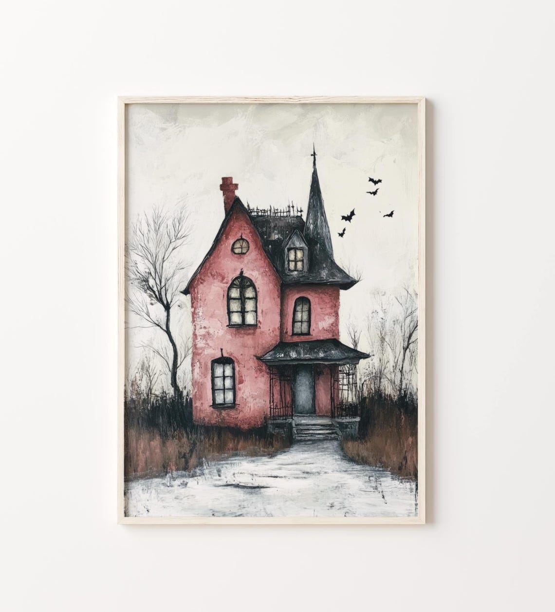 Pink Haunted Victorian House With Bats Whimsical Halloween Poster - Image 4