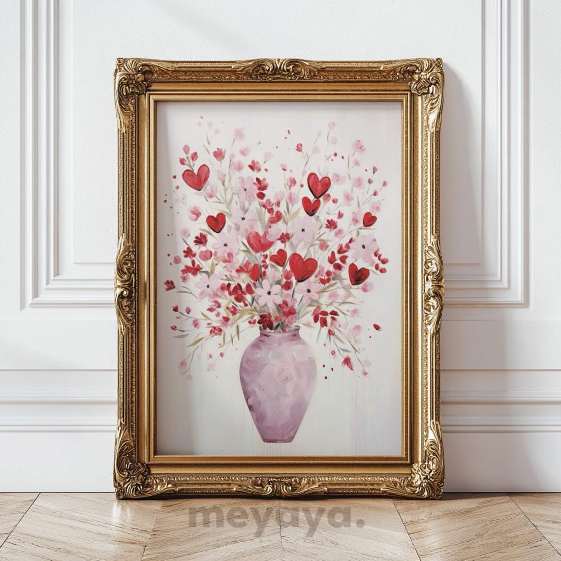 Pink Red Hearts Wildflower Vase Spring Romantic Floral Wall Print - Image 3