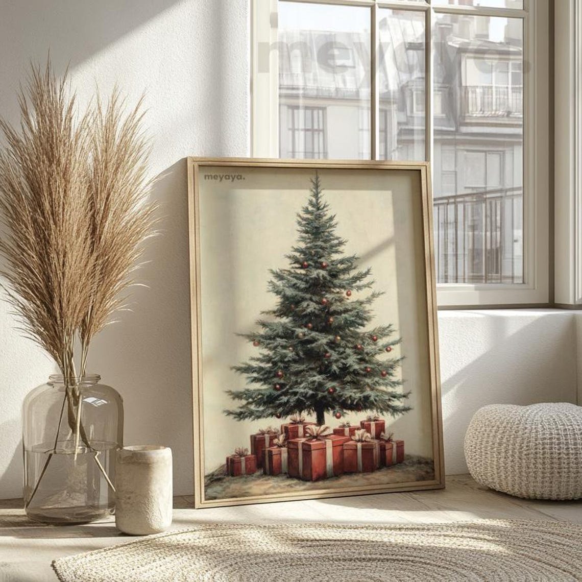 Christmas Tree Red Ornaments Gifts Rustic Vintage Holiday Poster - Image 3