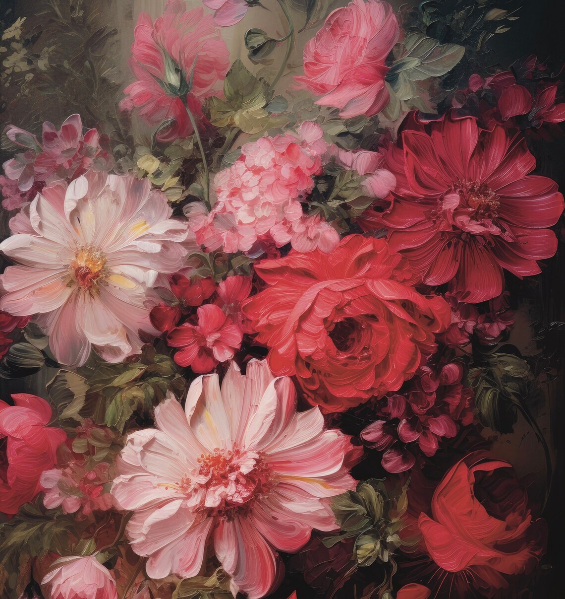 Moody Dark Botanical Roses Pink Red Floral Oil Painting Poster - Image 6
