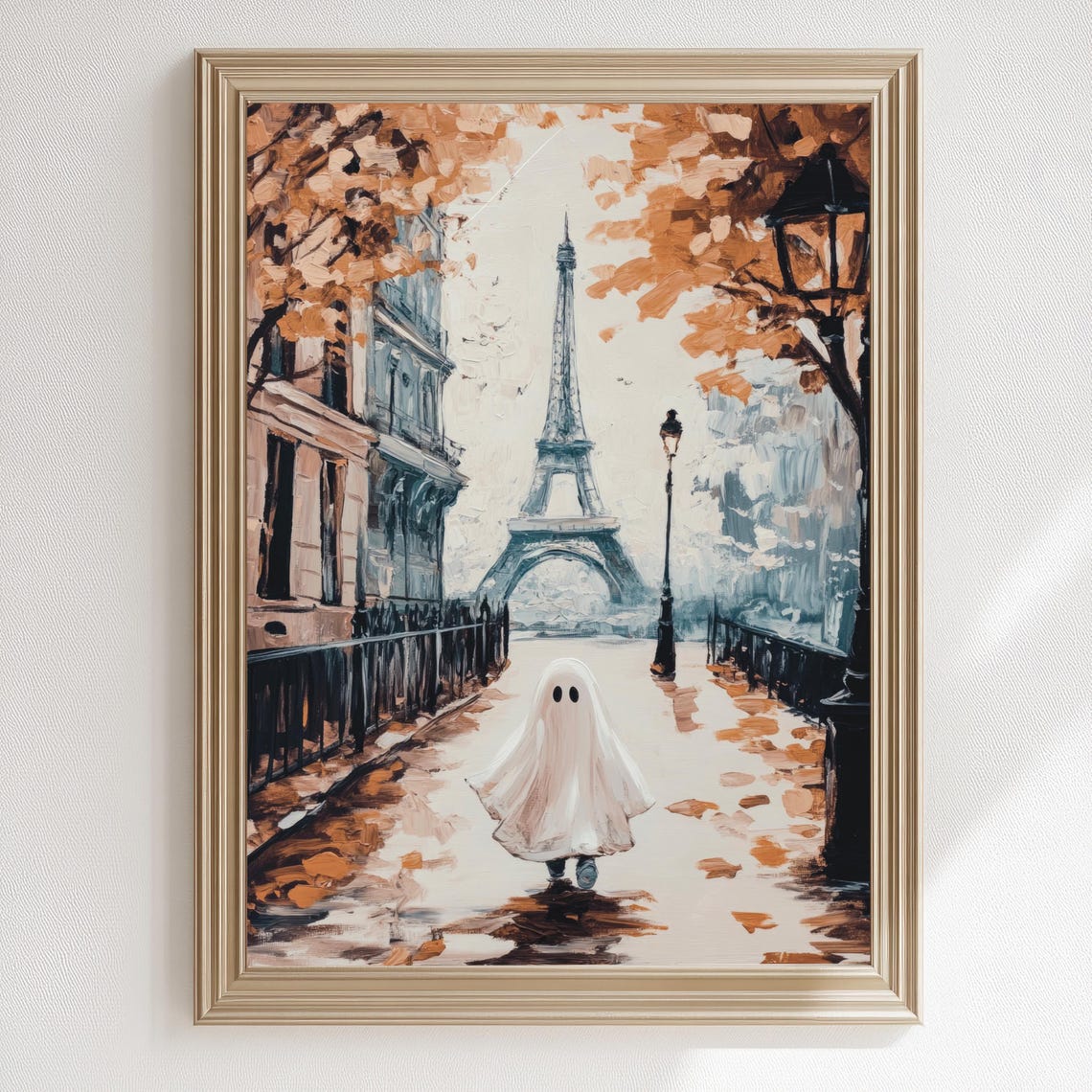 Cute Ghost Walking Toward Eiffel Tower On Autumn Paris Street Poster - Image 3