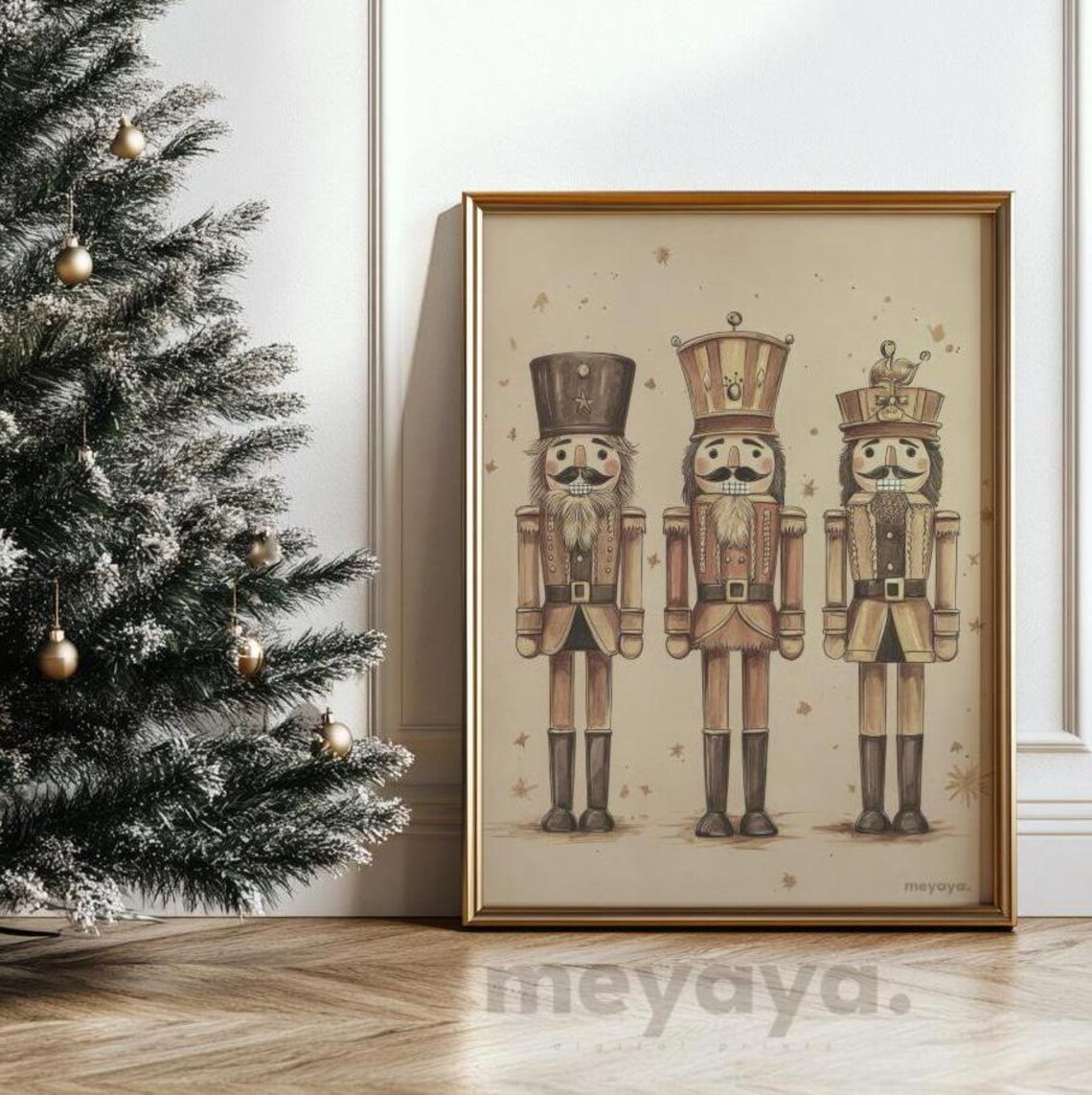Three Wooden Nutcrackers Starry Tan Vintage Christmas Art Poster - Image 6