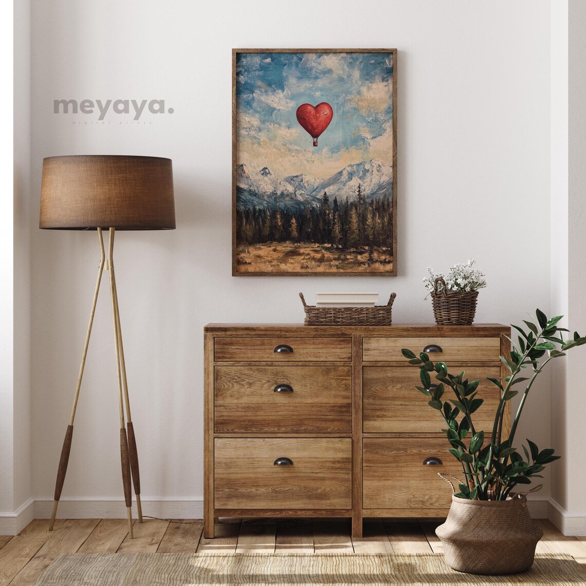 Red Heart Hot Air Balloon Over Moody Mountain Peaks Wall Print - Image 2