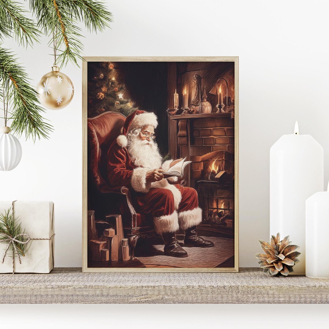Santa Claus Print Santa Reading A Book Vintage Christmas Painting Xmas Wall Art Red Santa Poster Christmas Dark Academia Holiday Decor - Image 3