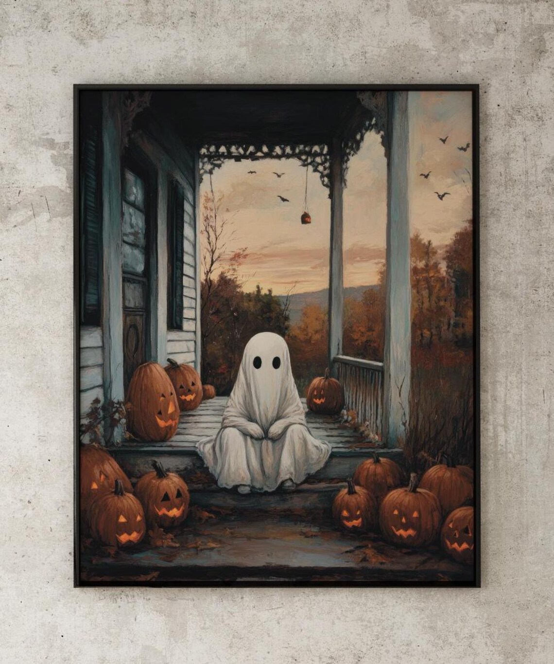 Cute Ghost Sitting On A Spooky Porch Surrounded By Jack O Lanterns Poster - Image 5