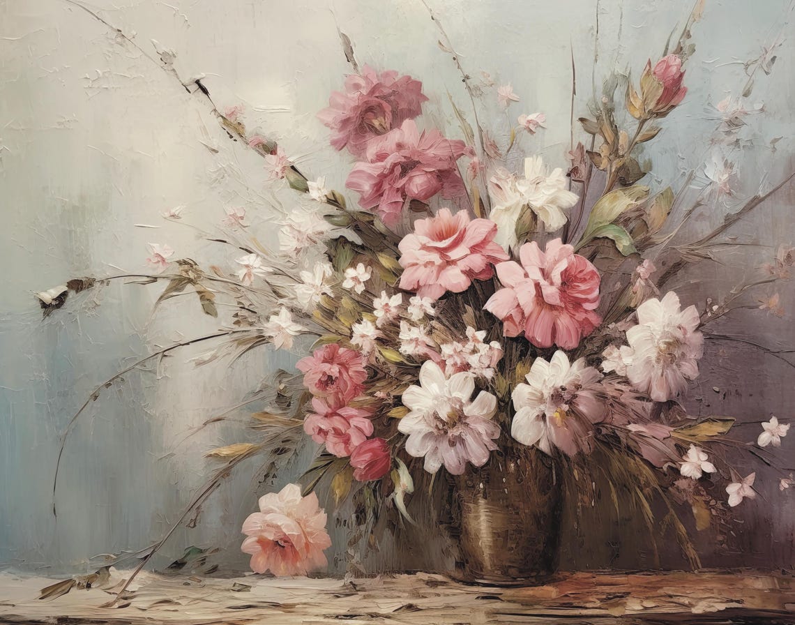 Pink White Rose Bouquet Vintage Vase Floral Still Life Poster - Image 6