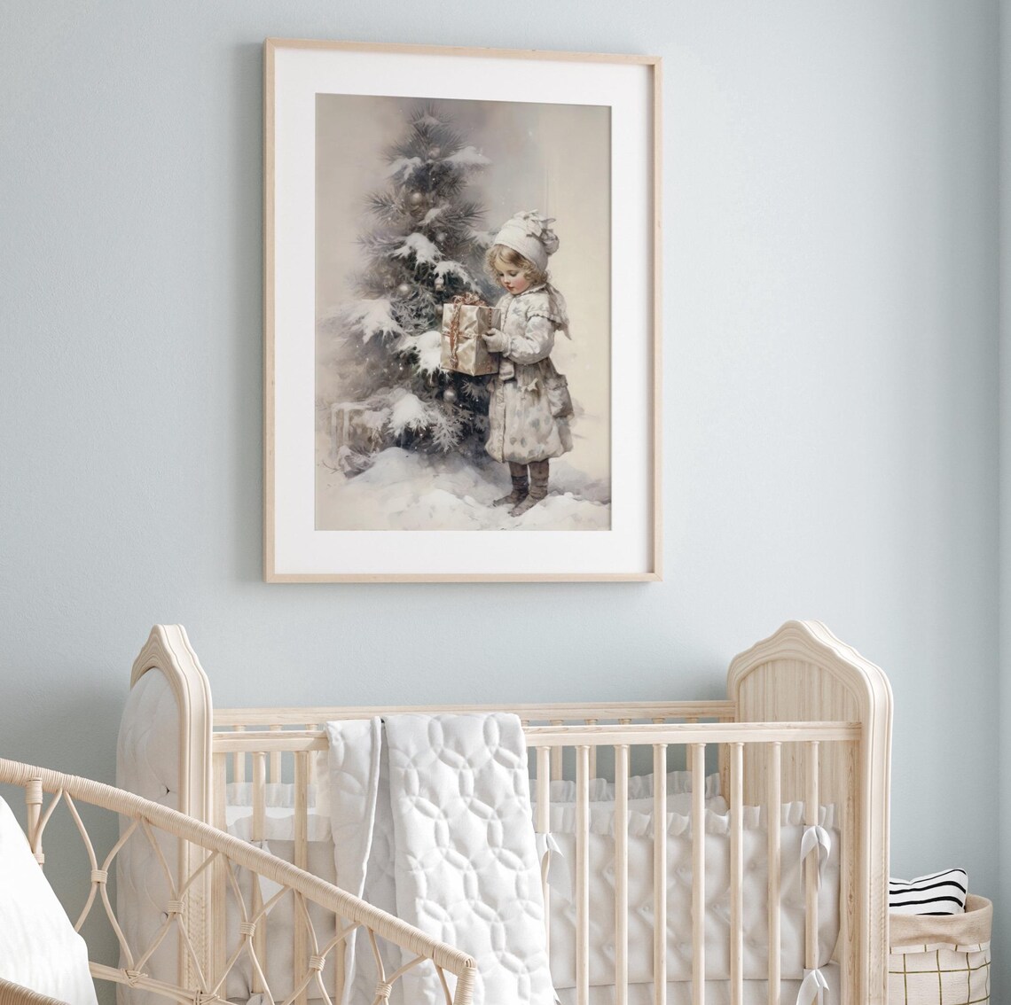 Little Girl With Christmas Gift Snowy Tree Vintage Holiday Poster - Image 4