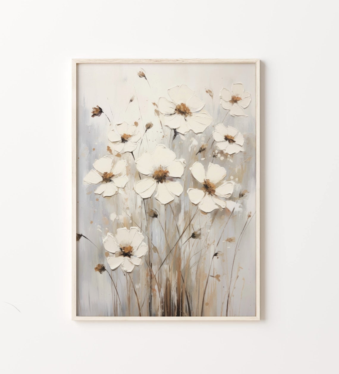 White Cosmos Flowers With Brown Centers On Beige Painting Poster - Image 4
