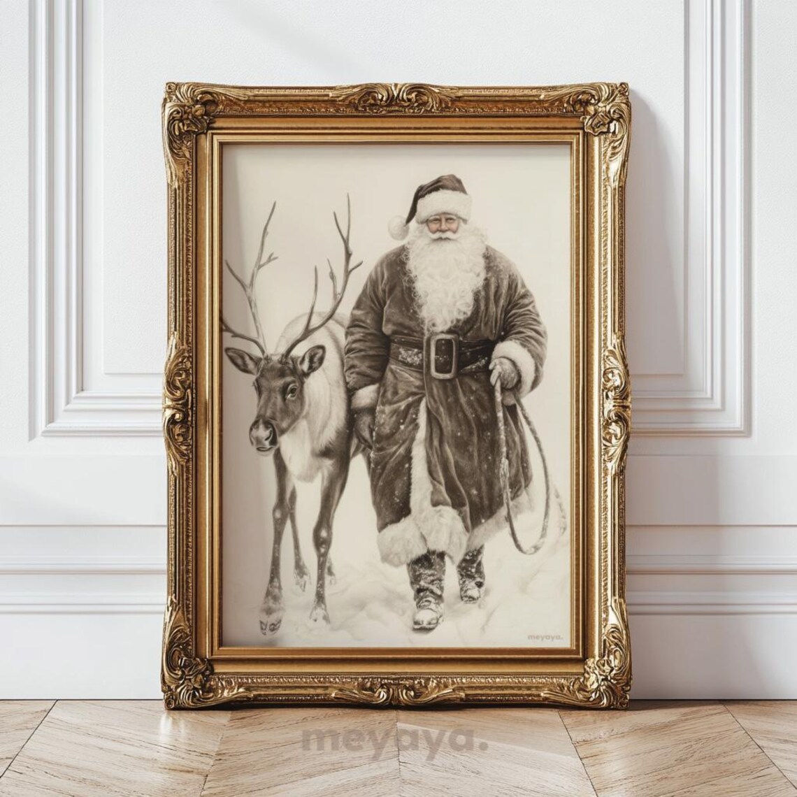 Sepia Santa Claus with Reindeer Walking Snow Rustic Vintage Art Poster - Image 4