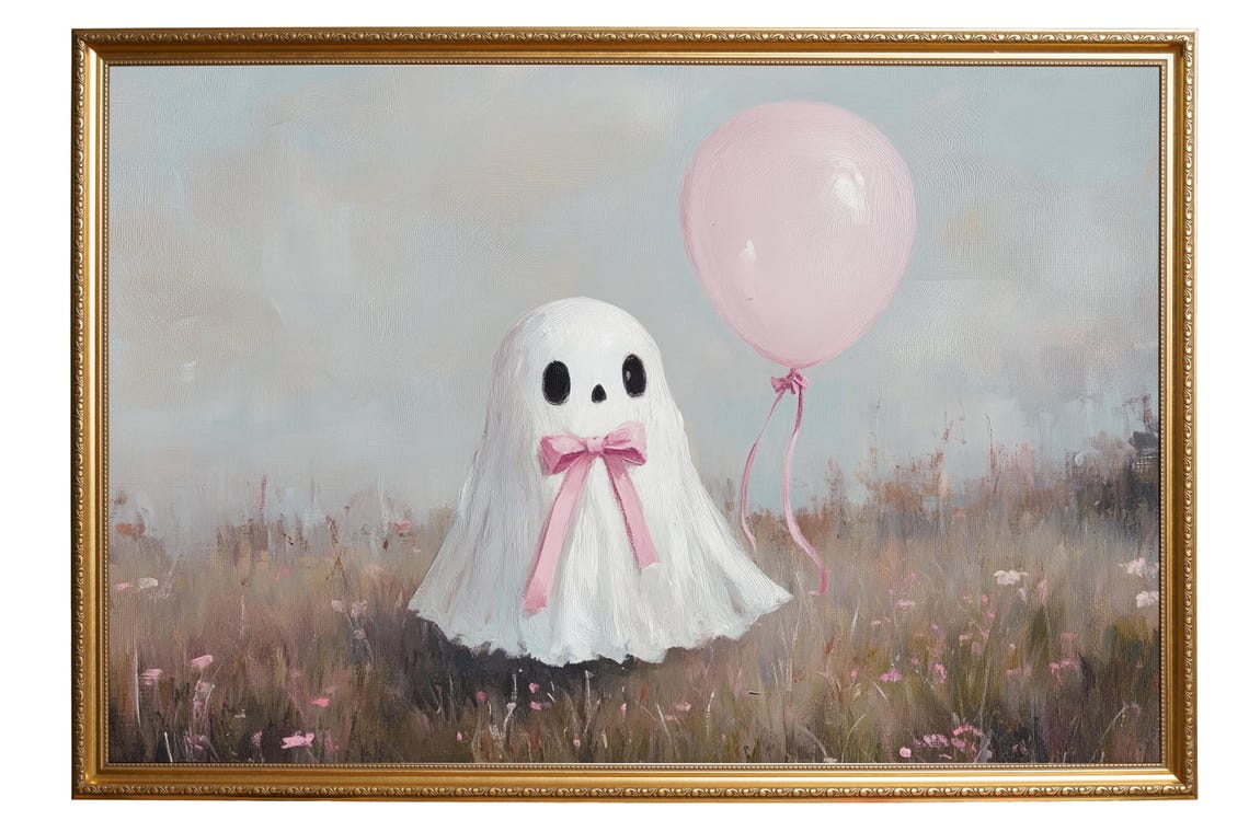 Cute Ghost With A Pink Bow And Balloon In A Flower Meadow Poster - Image 5