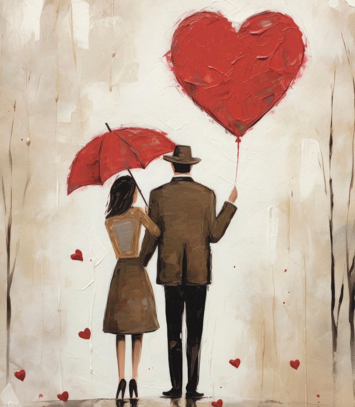 Couple Red Heart Balloon Umbrella Rainy Day Romantic Art Poster - Image 6