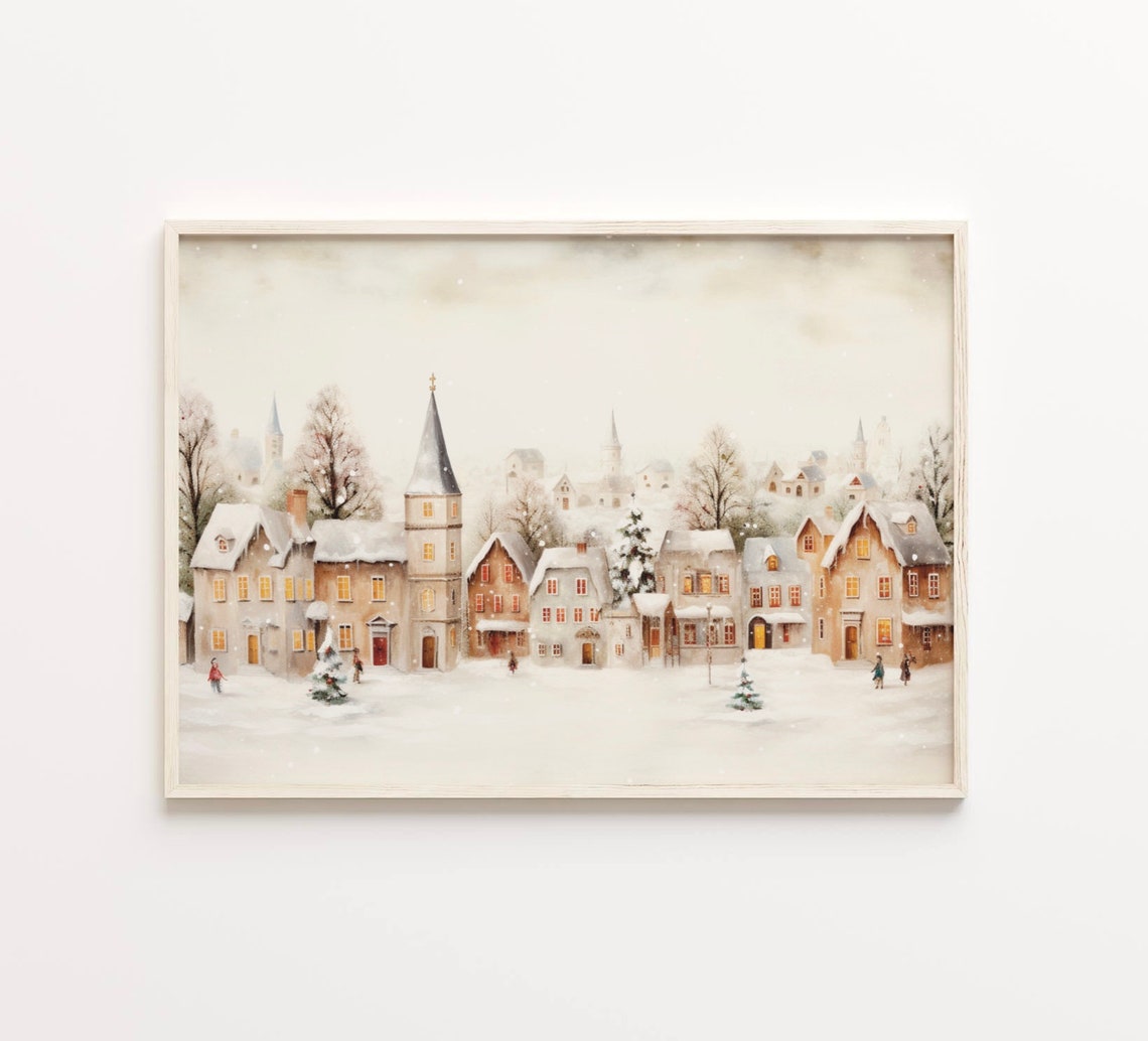Winter Village Painting Holiday Season Decor Vintage Town City Wall Art Farmhouse Print Trendy Christmas Decor Cute Village Printable - Image 5