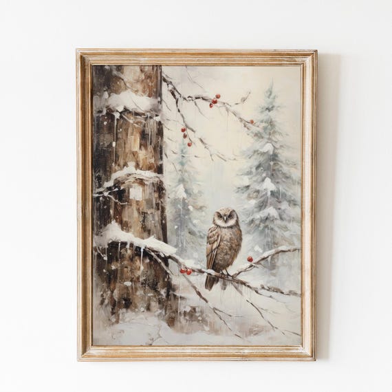 Winter Owl Print Farmhouse Christmas Decor Vintage Christmas Painting Holiday Art Decor Christmas Wall Art Minimalist Print Cute Owl