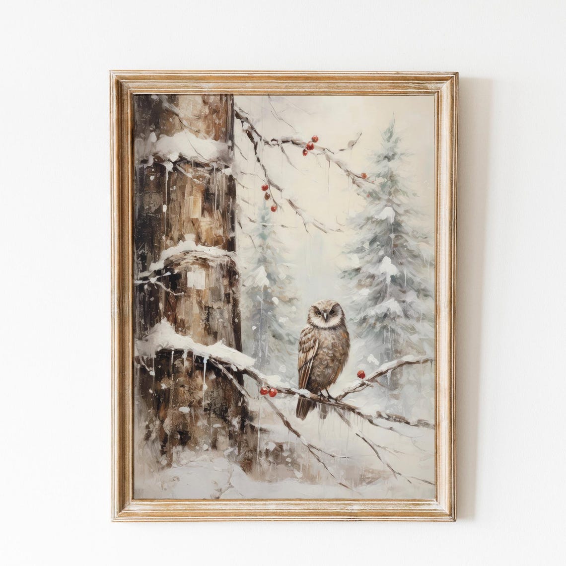 Winter Owl On Snowy Branch Red Berries Vintage Forest Poster