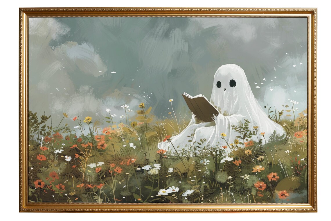 Cute Ghost Reading A Book In A Colorful Wildflower Field Poster - Image 4