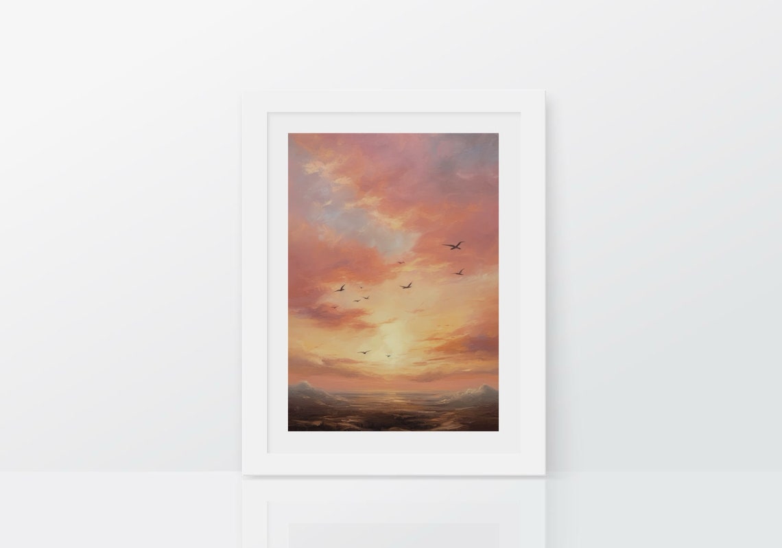 Pink Sunset Sky With Birds Seascape Oil Painting Romantic Poster - Image 3
