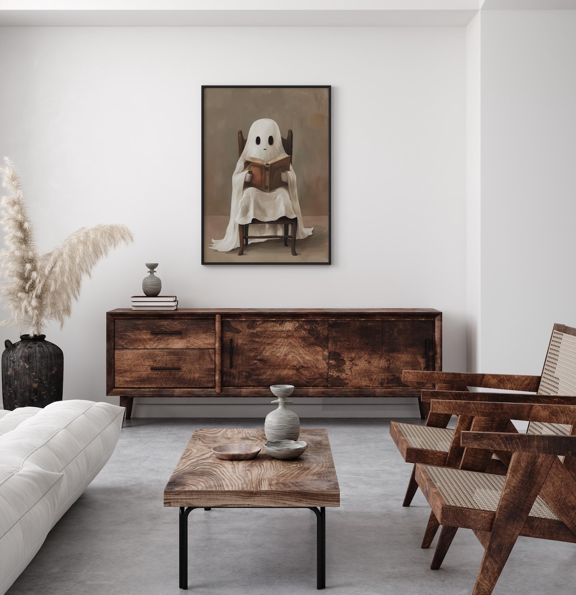 Ghost Reading a Book Neutral Vintage Painting Art Wall Poster - Image 3