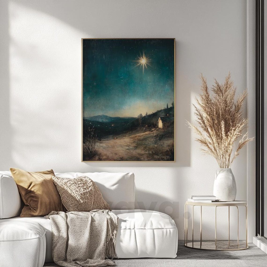 Star of Bethlehem Night Hills Cottage Deep Teal Christmas Poster - Image 3
